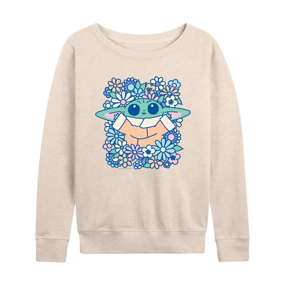 Star Wars - Grogu Flowers Women's Lightweight French Terry Wide Neck Long Sleeve Graphic Shirt