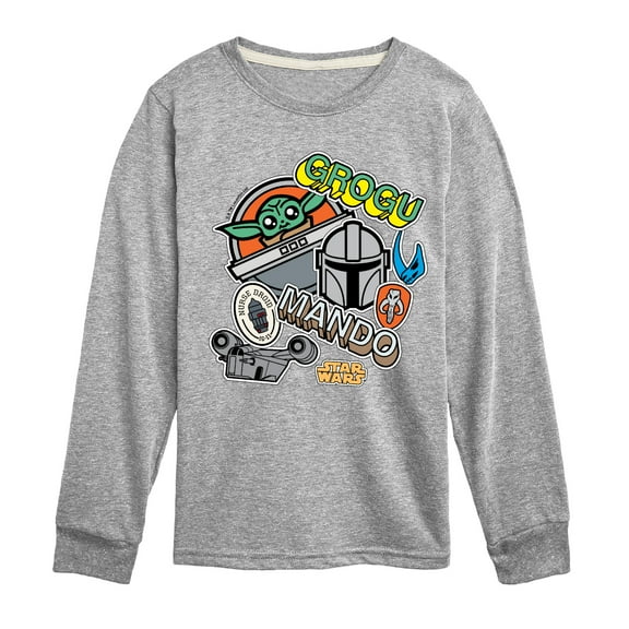 The Mandalorian - Mando Grogu Stickers - Youth Long Sleeve Graphic T-Shirt