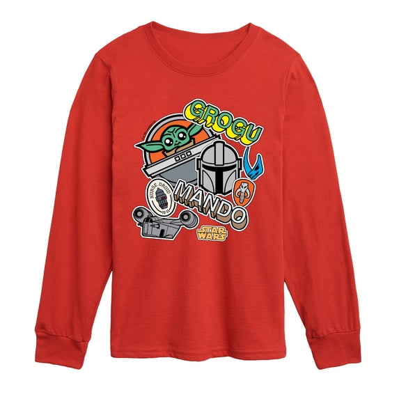 Star Wars - Mando Grogu Stickers - Youth Boys Long Sleeve Graphic T-Shirt