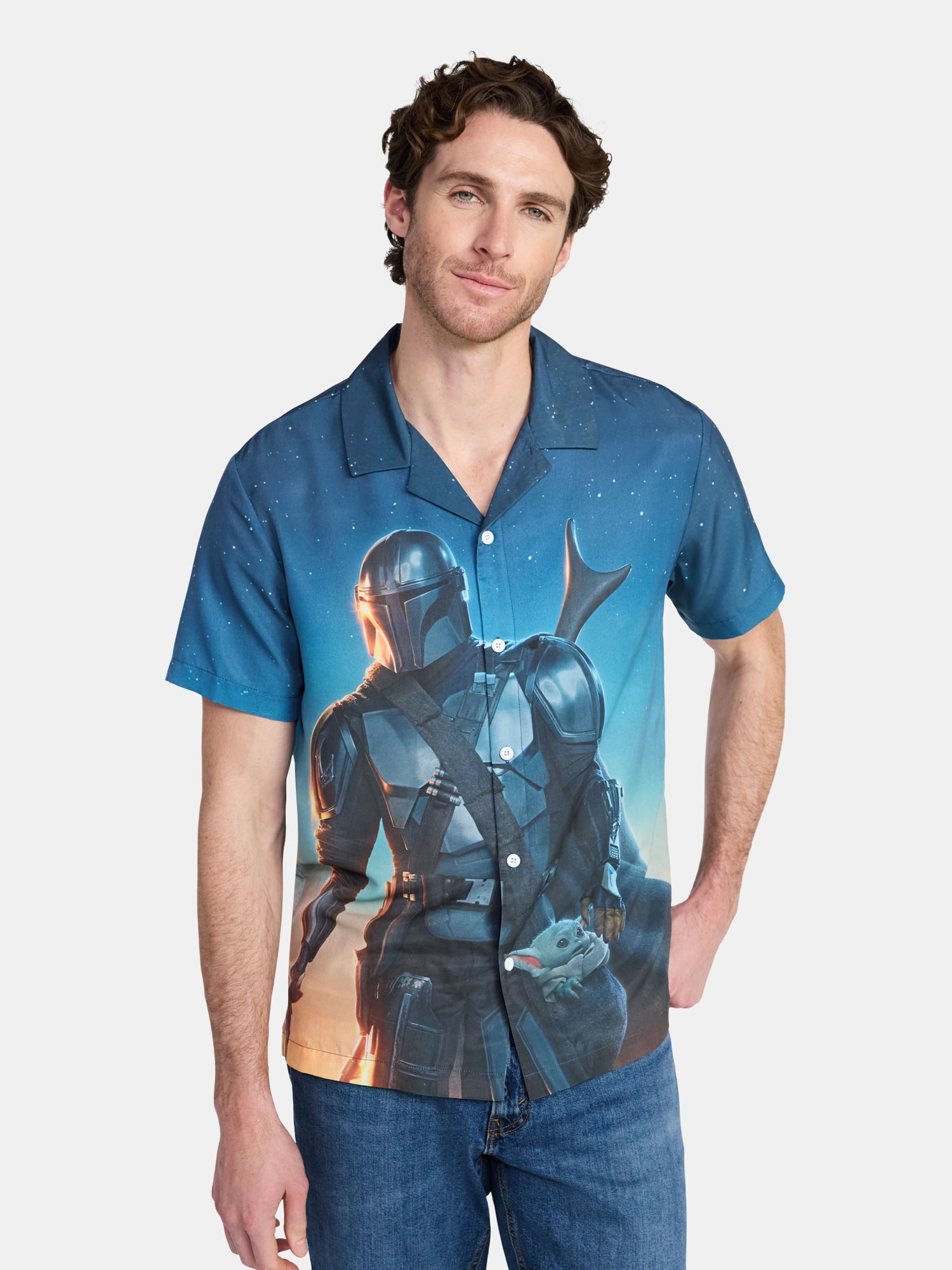 The Mandalorian Men's and Big Men's Mando Landscape Graphic Button-Up Shirt, Sizes S-3XL