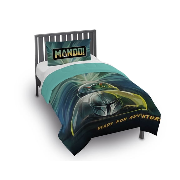 Star Wars Mandalorian Starfighter Kids 2-Piece Twin/Full Reversible Comforter Set, Microfiber, Green & Blue, Disney