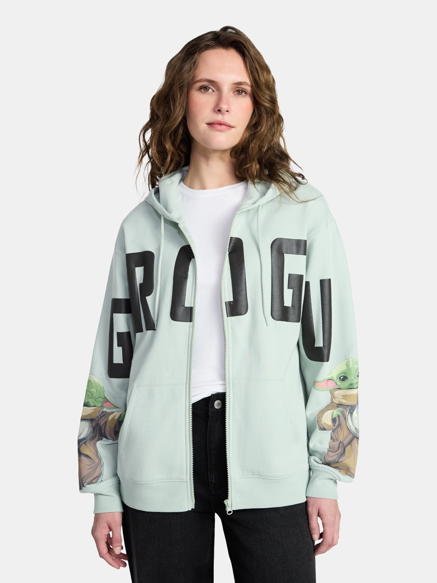 The Mandalorian Women's Grogu Graphic Zip-Up Hoodie with Long Sleeves, Sizes XXS-XXL