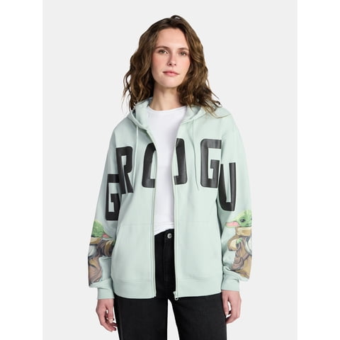 The Mandalorian Women's Grogu Graphic Zip-Up Hoodie with Long Sleeves, Sizes XXS-XXL