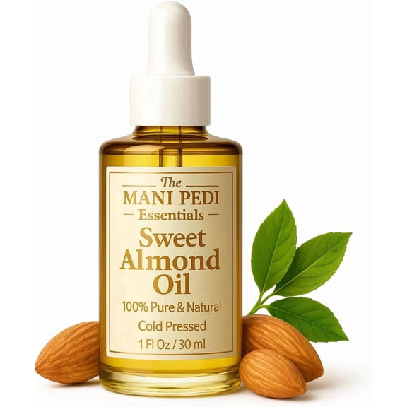 The Mani Pedi Essentials TMPE Sweet Almond Oil for Lustrous Hair, Glowing Skin, Non-Stick Formula. 100% Pure & Natural Cold Pressed oil  1 fl oz