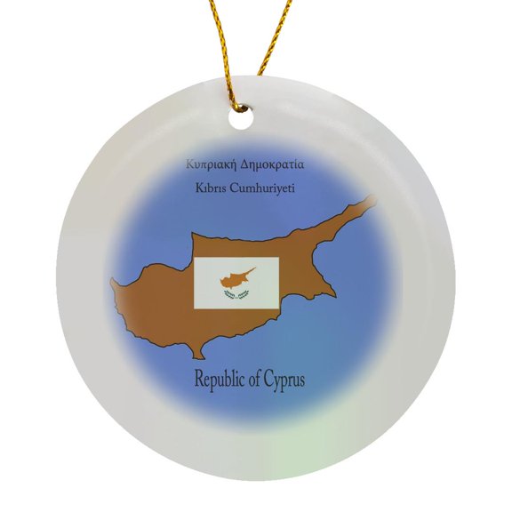3drose, the Map and Flag of Cyprus with Republic of Cyprus Printed in English, Greek and Turkish, Circle Porcelain Ornament
