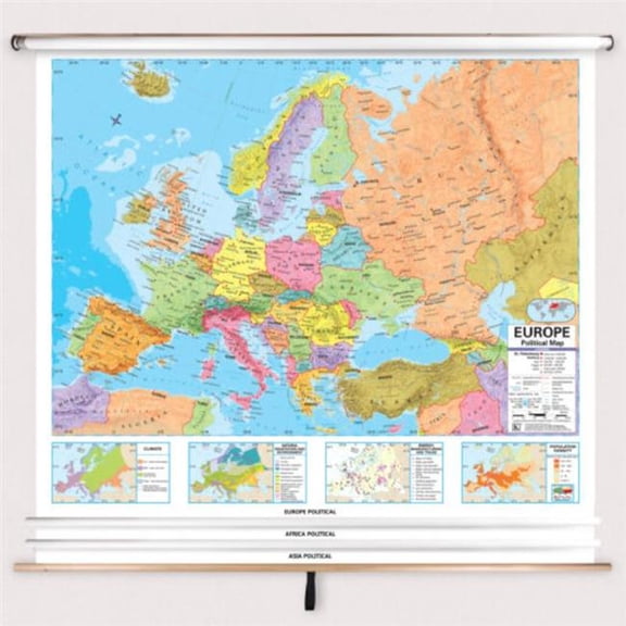 The Map Shop KA-COMBO-3-EHEM-ADV-POL-bb3 3-Map Eastern Hemisphere Advanced Political Spring Roller Set with Backboard - 63 x 54 in. Full height