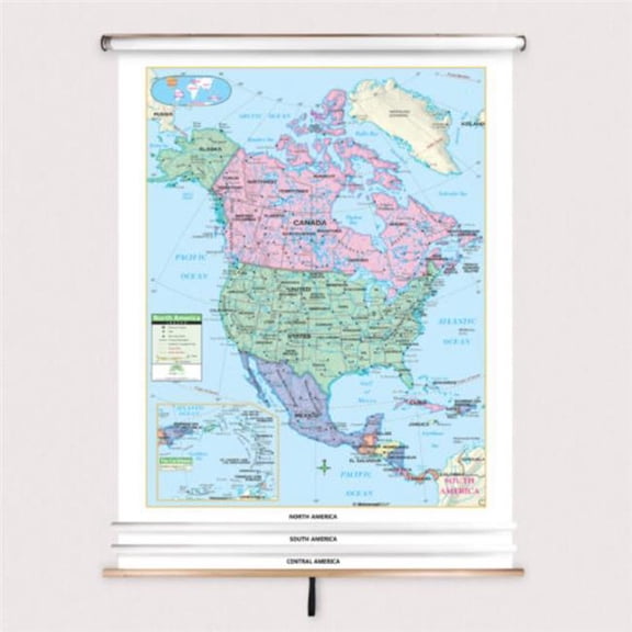 The Map Shop KA-COMBO-3-WHEM-PRMRY-bb3 3-Map Western Hemisphere Primary Spring Roller Set with Backboard - 54 x 90 in. Full height