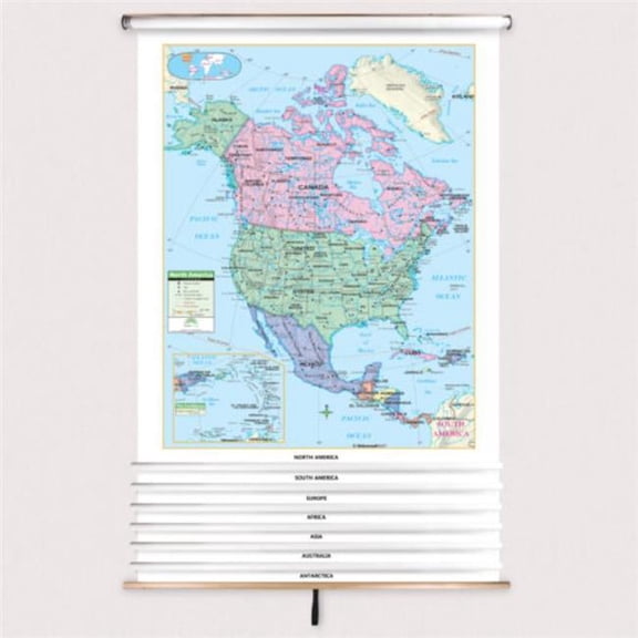 The Map Shop KA-COMBO-7-CONT-PRMRY-bb7 7-Map Primary Continent Spring Roller Set with Backboard - 54 x 98 in. Full height