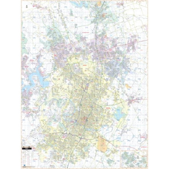 The Map Shop KA-C-TX-AUSTIN-lam-rails-black Austin, TX Wall Map, Laminated with Rails - Black Molding - 57 x 75.25 in.