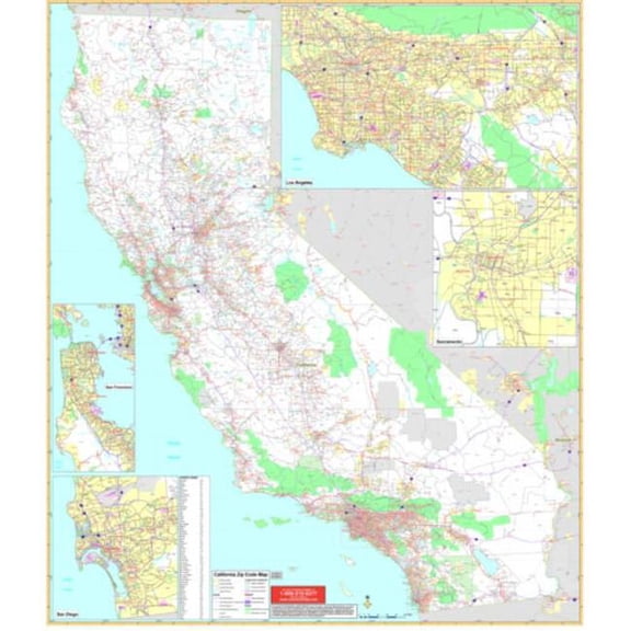The Map Shop KA-S-CA-ZIP-lam-rails-walnut California State Wall Map with Zip Codes Map, Laminated with Rails - Walnut Molding - 52 x 60 in.