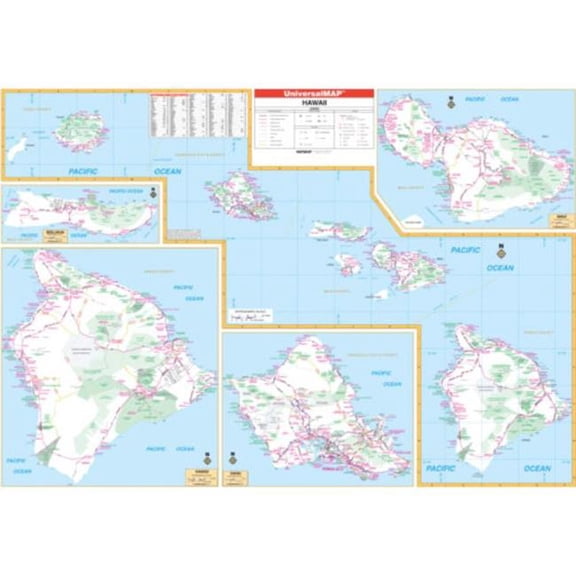 The Map Shop KA-S-HI-WALL-lam-rails-walnut Hawaii State Wall Map, Laminated with Rails - Walnut Molding - 57.5 x 40.5 in.