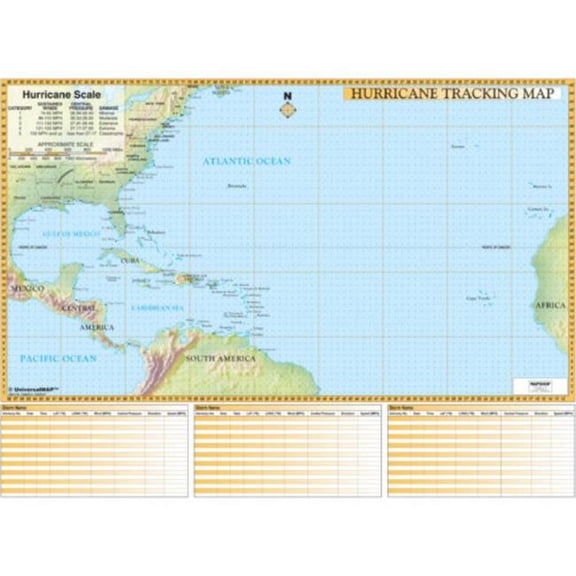 The Map Shop KA-HURRICANE-lam-rails-walnut Hurricane Tracking Chart Wall Map, Laminated with Rails - Walnut Molding - 64 x 50 in.