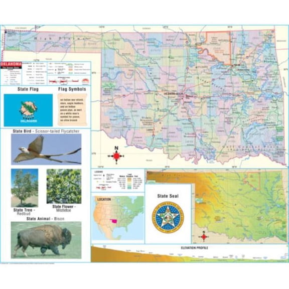 The Map Shop KA-S-OK-PRMRY-lam-rails-walnut Oklahoma Primary Thematic State Wall Map, Laminated with Rails - Walnut Molding - 64 x 54 in.