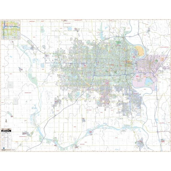 The Map Shop KA-C-NE-OMAHA-lam-rails-walnut Omaha, NE & Council Bluffs, IA Wall Map, Laminated with Rails - Walnut Molding - 73 x 57 in.