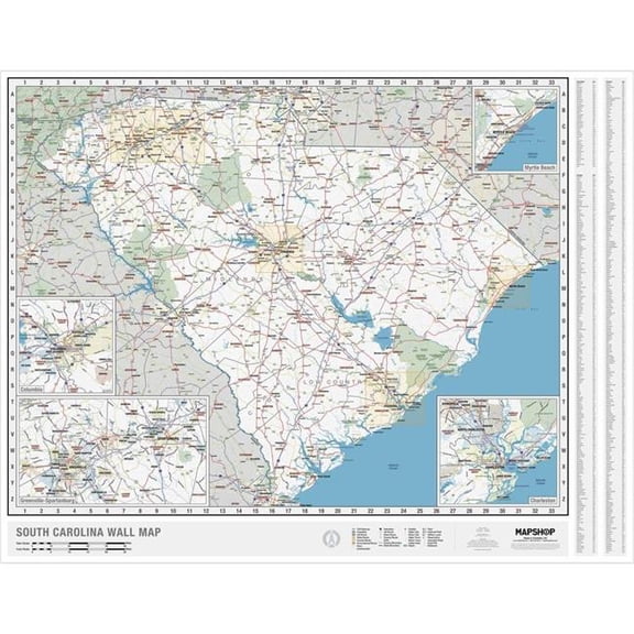 The Map Shop KA-S-SC-WALL-lam-rails-black South Carolina State Wall Map, Laminated with Rails - Black Molding - Published 2022 - 62 x 42 in.
