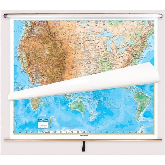 The Map Shop KA-COMBO-2-USW-ADV-PHYS-bb2 United States & World Advanced Physical Spring Roller Set with Backboard - 63 x 54 in. Full height