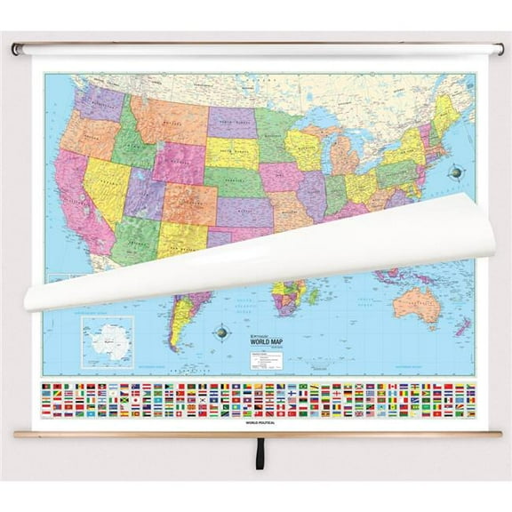 The Map Shop KA-COMBO-2-USW-ADV-POL-bb2 United States & World Advanced Political Spring Roller Set with Backboard - 63 x 54 in. Full height