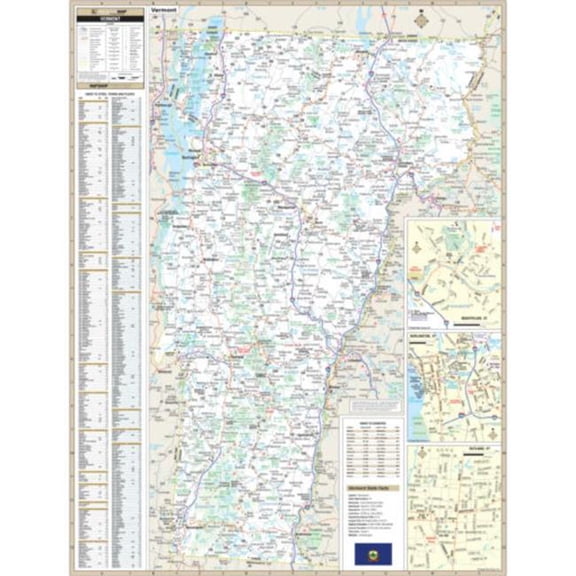 The Map Shop KA-S-VT-WALL-lam-rails-walnut Vermont State Wall Map, Laminated with Rails - Walnut Molding - 48.5 x 64.5 in.