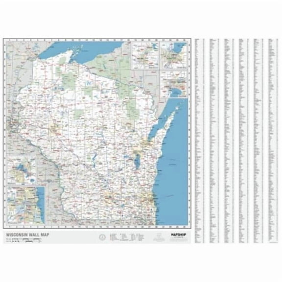 The Map Shop KA-S-WI-WALL-lam-rails-walnut Wisconsin State Wall Map, Laminated with Rails - Walnut Molding - Published 2023 - 50 x 66 in.