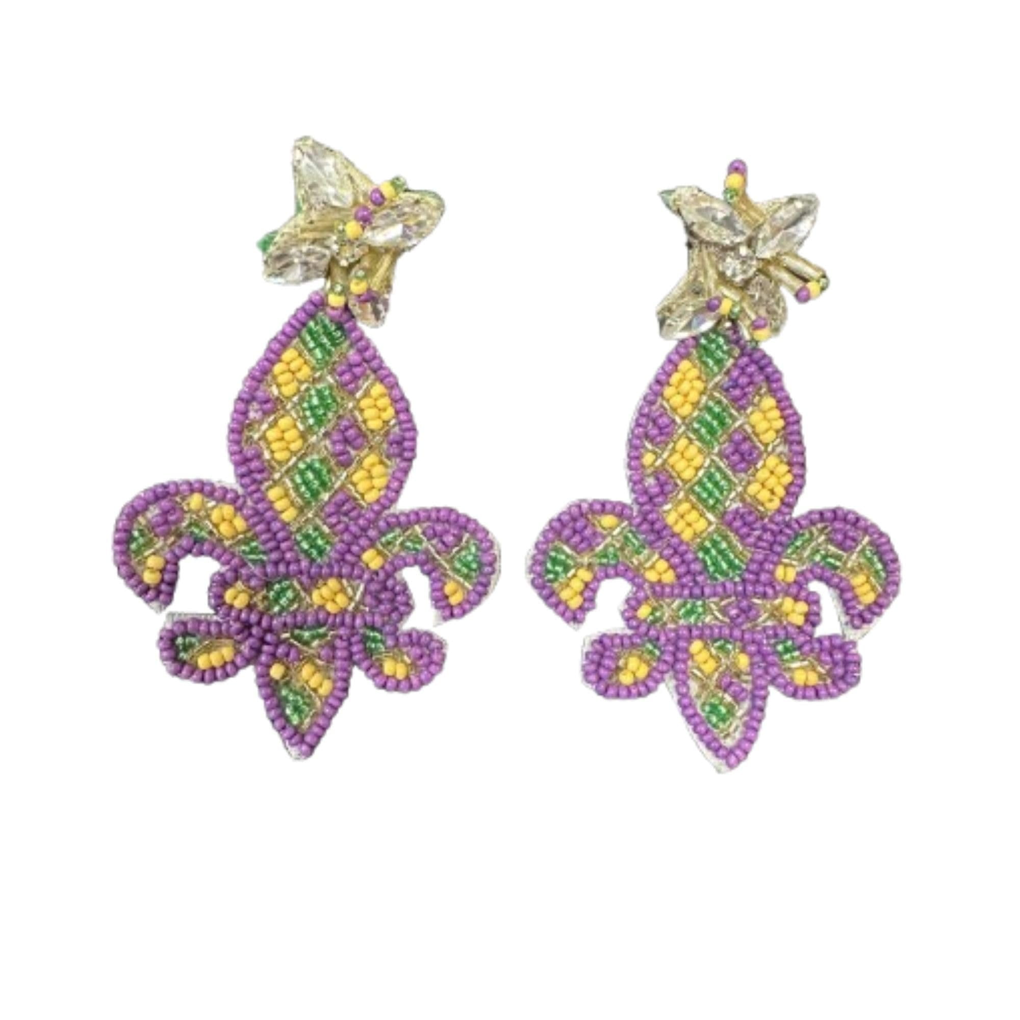 Mardi Gras Earrings - Glitter Mask & Fleur De Lis Drop Dangle Earrings In Purple, Green, Gold
