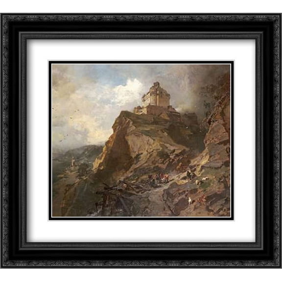 The Marksburg On The River Rhine 2x Matted 22x20 Black Ornate Framed Art Print by Hoguet, Charles