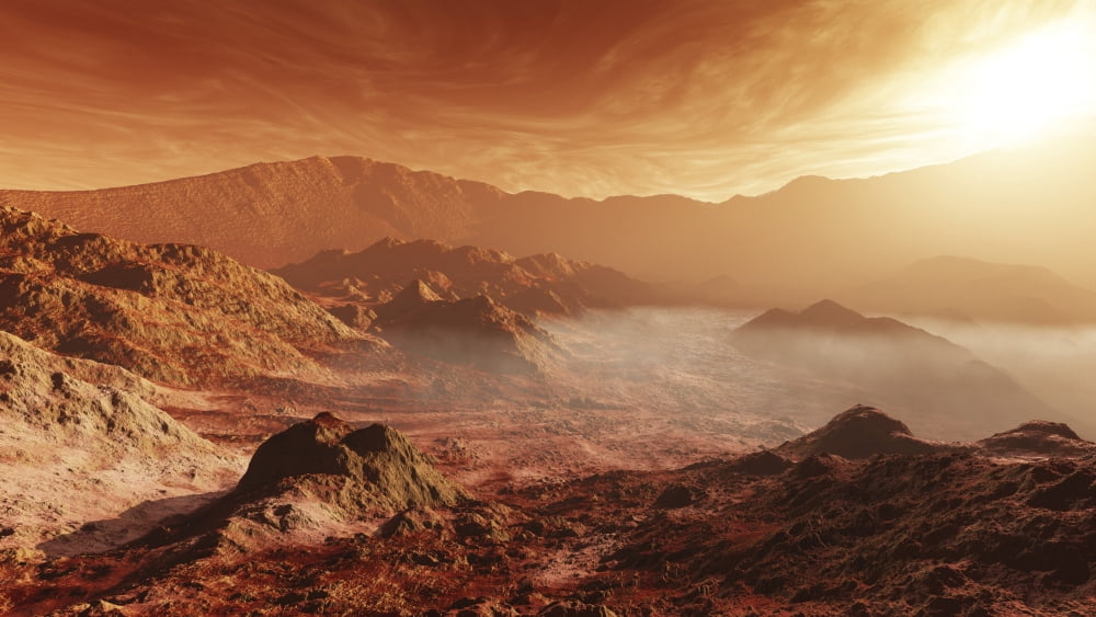 The Martian sun sets over the high walls of Mojave Crater Canvas Art - Steven HobbsStocktrek Images (19 x 11)