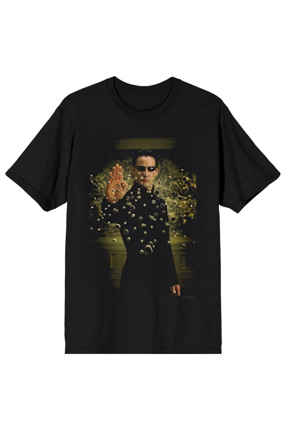 The Matrix Neo Floats Bullets Adult Black Crew Neck Short Sleeve Tee-Small