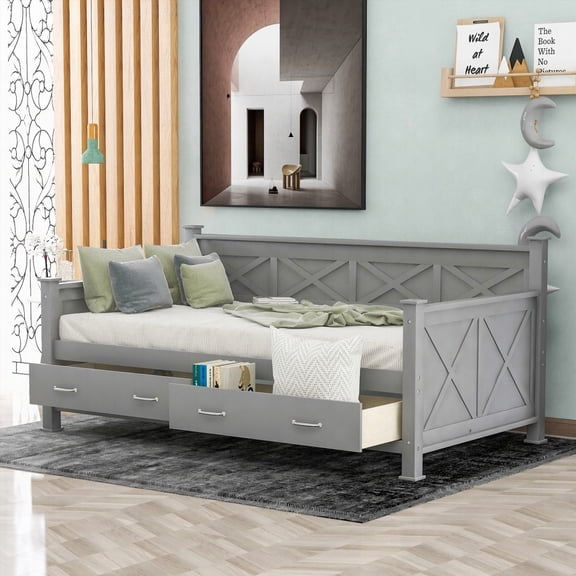 Twin Size Solid Wood Storage Bed Frame with X-shaped Frame and Gray Color, Suitable for Bedroom