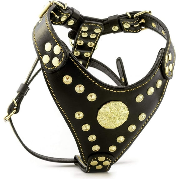 The ''Maximus'' Leather Dog Harness Black & Gold Small to Medium Size