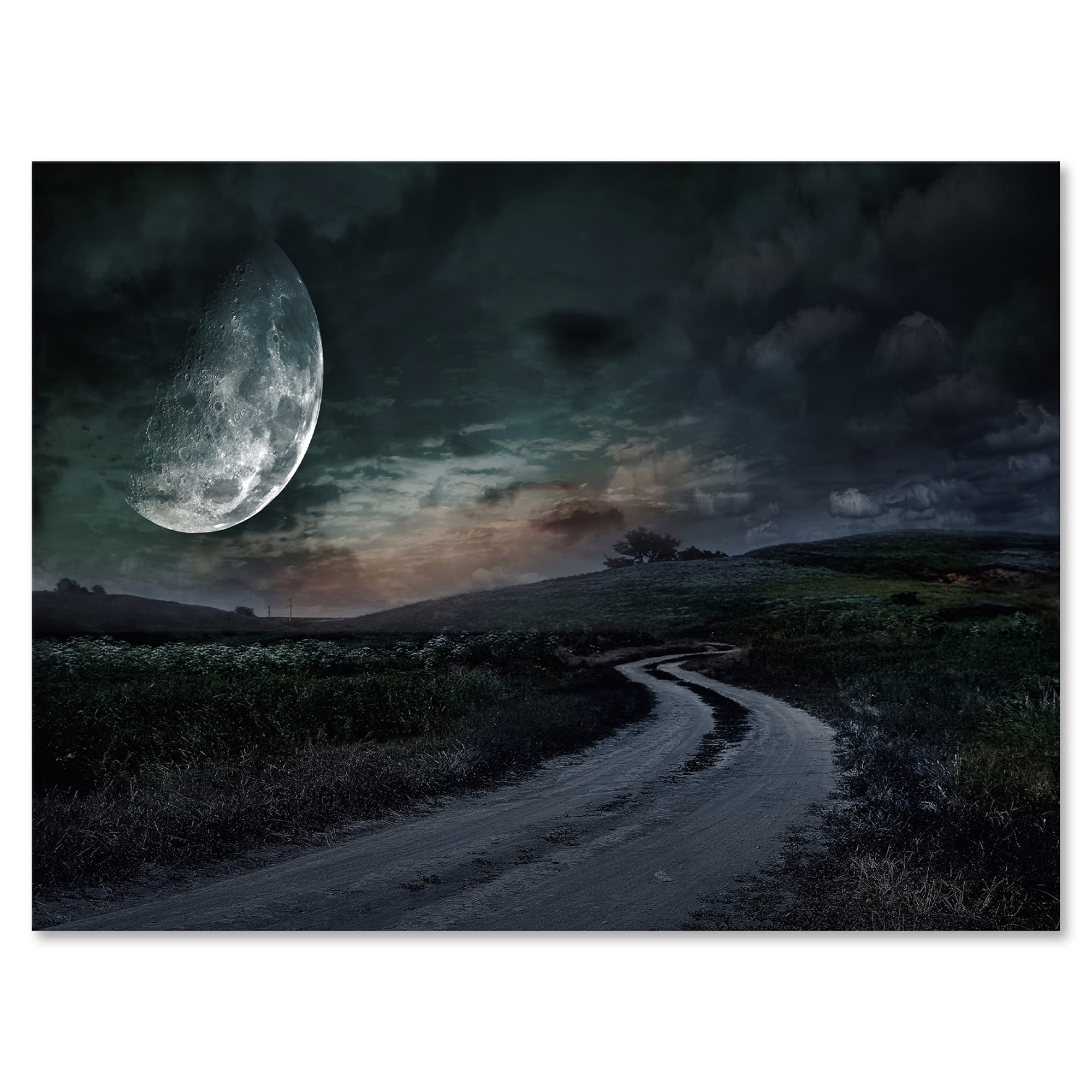 The Meadow Under Full Moon With Rural Road Through 32 in x 24 in Painting Canvas Art Print, by Designart