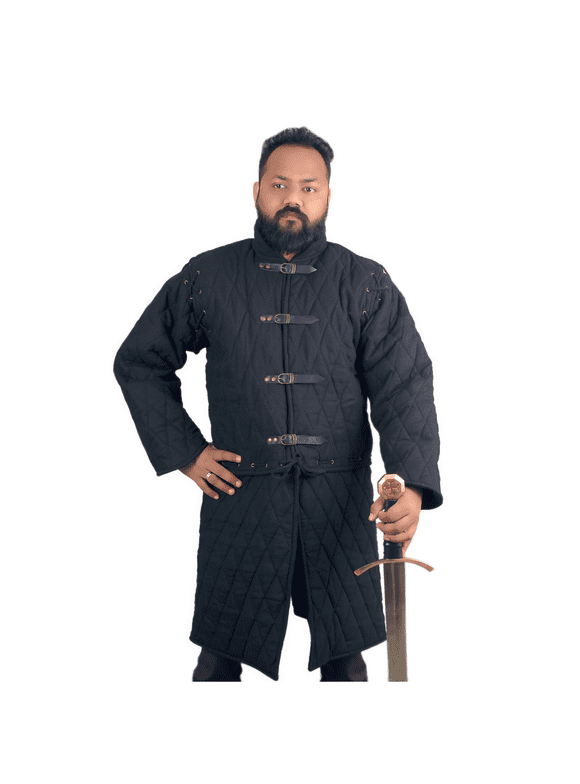 The Medievals Fancy Dress Thick Padded Full Sleeves Gambeson Coat Aketon Jacket Armor, Cotton Fabric (Black, x-Large)