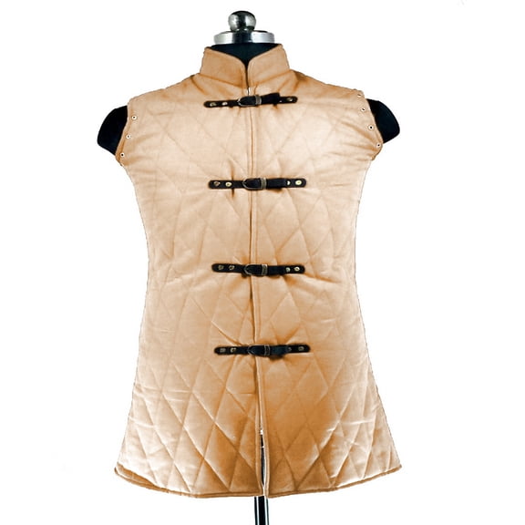 The Medievals Men Fancy Dress Gambeson Thick Padded Coat Aketon Jacket Armor - Camel Cotton Fabrics, Medium