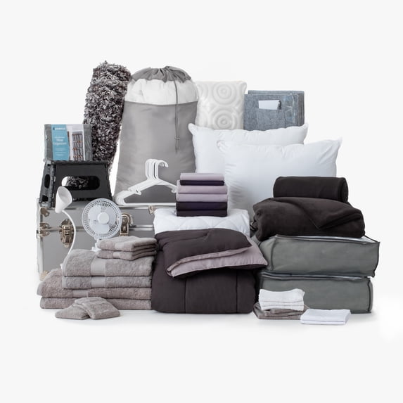 The Mega Dorm Essentials Value Pack in Blake Black and Gray, 49-Piece College Dorm Bedding Twin XL Bedding, 100% Cotton Towels, Bonus Trunk, Storage, Decor and More by Dawn