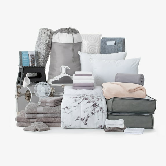The Mega Dorm Essentials Value Pack in Nita, 49-Piece College Dorm Bedding Twin XL Bedding, 100% Cotton Towels, Bonus Trunk, Storage, Decor and More by Dawn