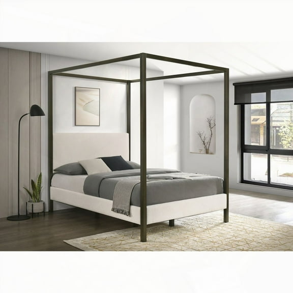 The Mellie Queen Canopy Bed Featuring a Soft Vanilla Fabric and a Dramatic Four-Post Bronze Frame