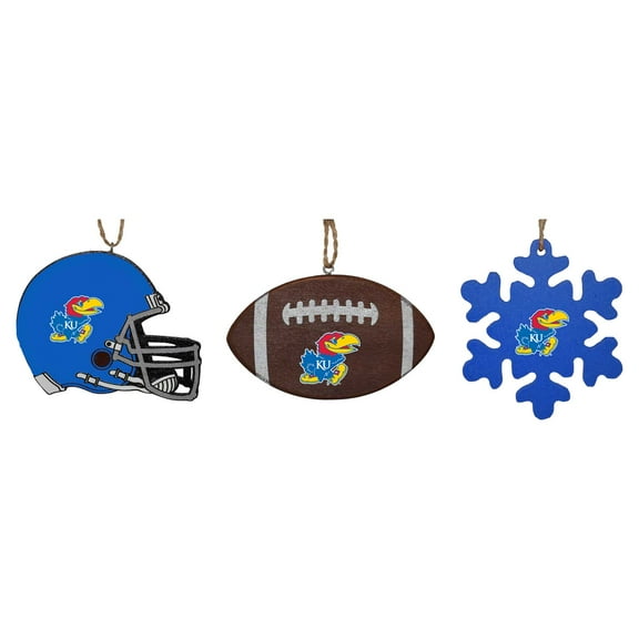 The Memory Company Kansas Jayhawks Three-Pack Helmet, Football & Snowflake Ornament Set