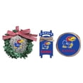 thumbnail image 1 of The Memory Company Kansas Jayhawks Three-Pack Wreath, Sled & Circle Ornament Set, 1 of 1