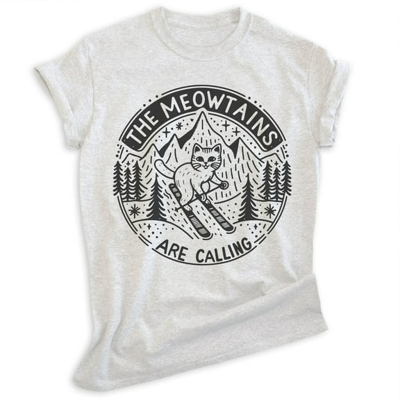 The Meowtains Are Calling Cat Skiing T-shirt, Unisex Women's Men's Shirt, Ski Kitten Animal Mountain, Heather Ash, X-Small