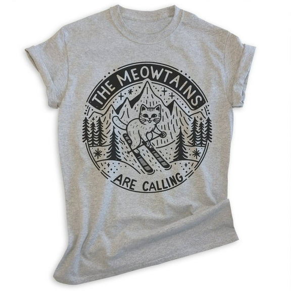 The Meowtains Are Calling Cat Skiing T-shirt, Unisex Women's Men's Shirt, Ski Kitten Animal Mountain, Heather Gray, XX-Large