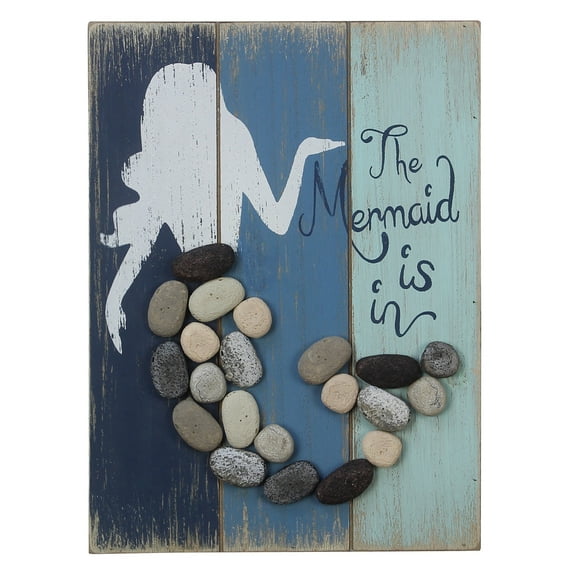 The Mermaid Is In Wood and Pebble Stones Wall Sign 9 Inches