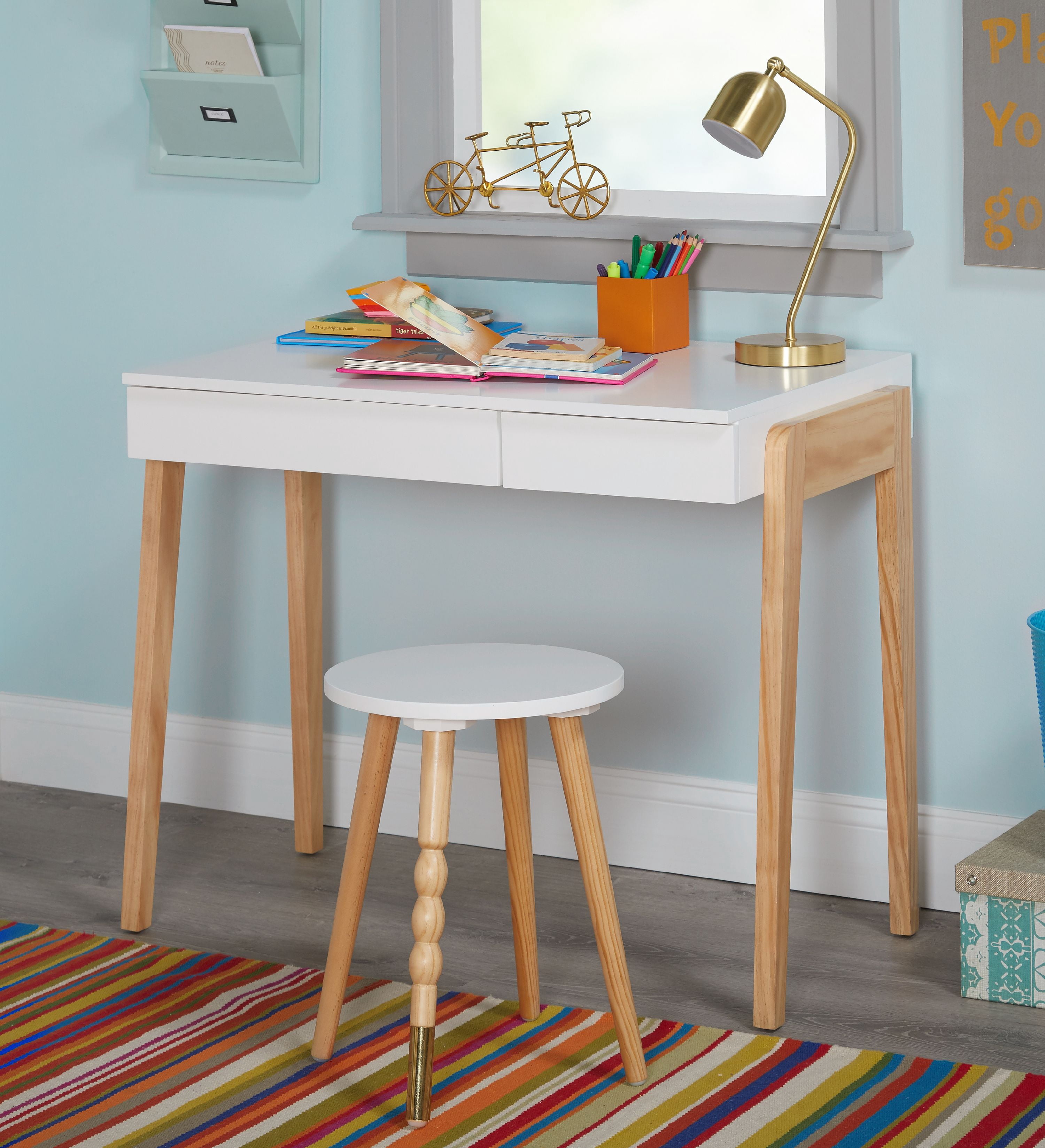 The Mezzanine Shoppe Riley Modern Two Tone Home Office Desk and Stool Set, 2 Piece, White