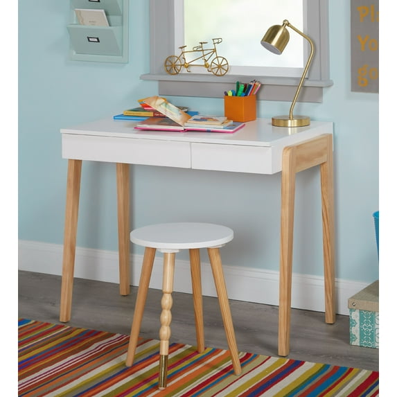 The Mezzanine Shoppe Riley Modern Two Tone Home Office Desk and Stool Set, 2 Piece, White