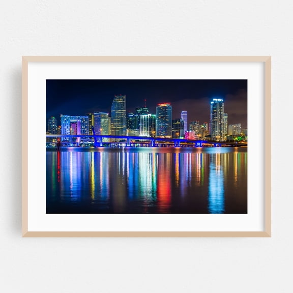 The Miami Skyline - Miami Florida Photography Skyline City Nightlife Bridge Architecture Neon Sign Oak Framed Wall Art Print 5 x 7 inches