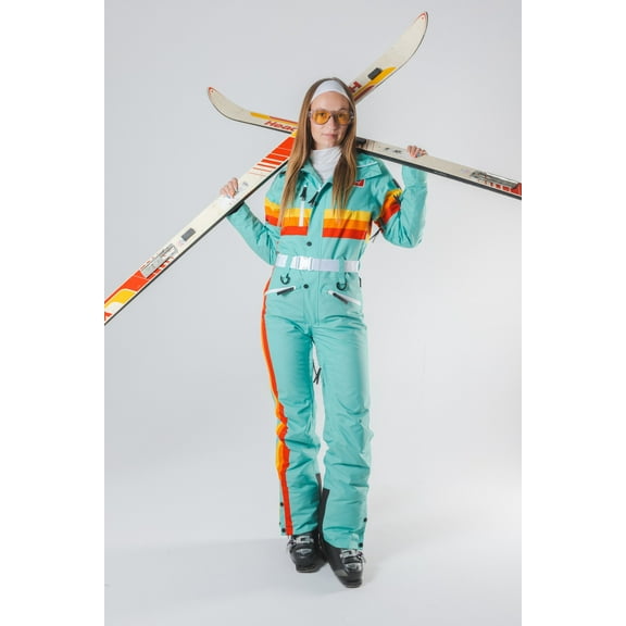 The Midday Aprés - Shinesty Teal and Orange Retro Stripe Women's One Piece Ski Suit  Large