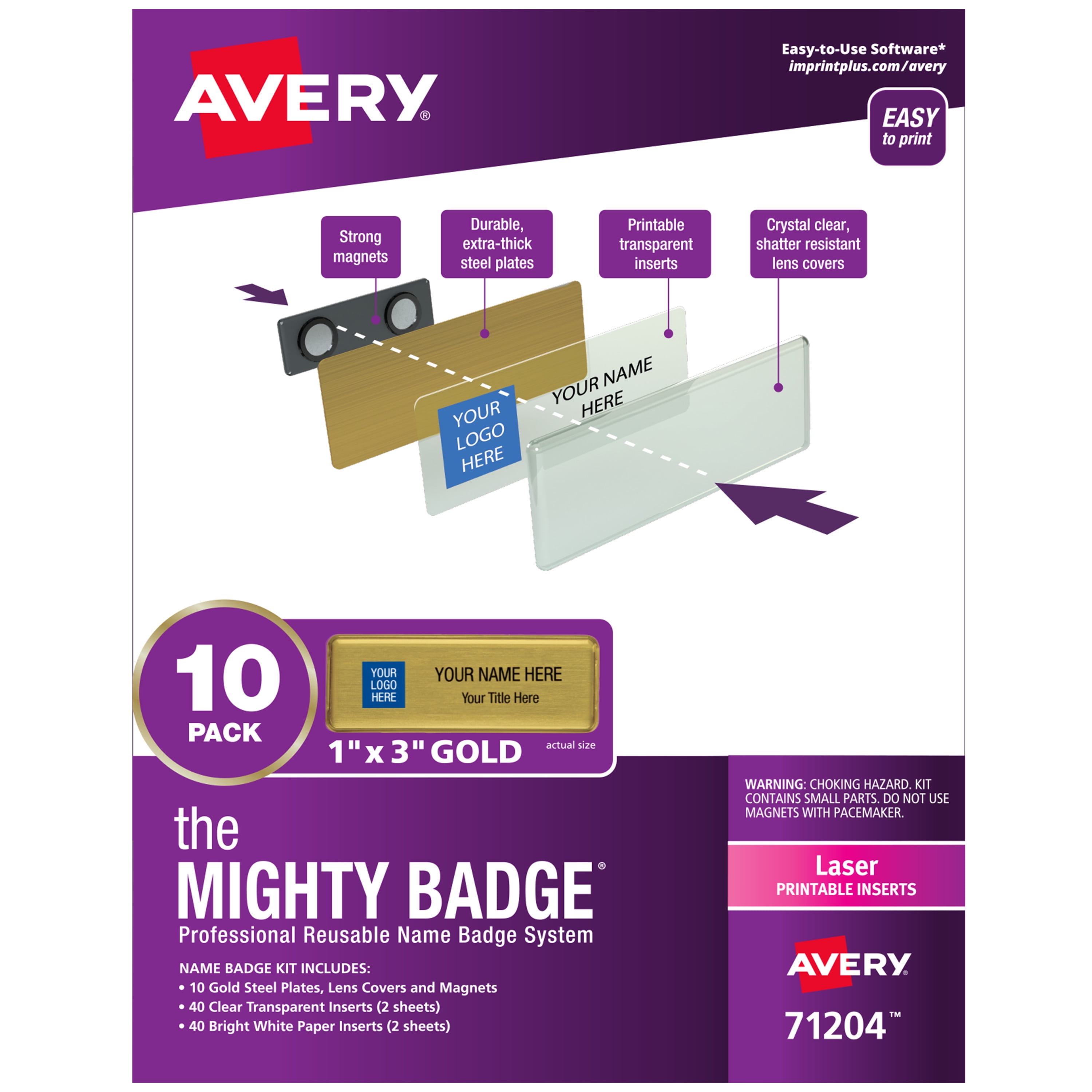 Avery Magnetic Name Badge Kit, 1" x 3", Gold, 10 Badges (71204)