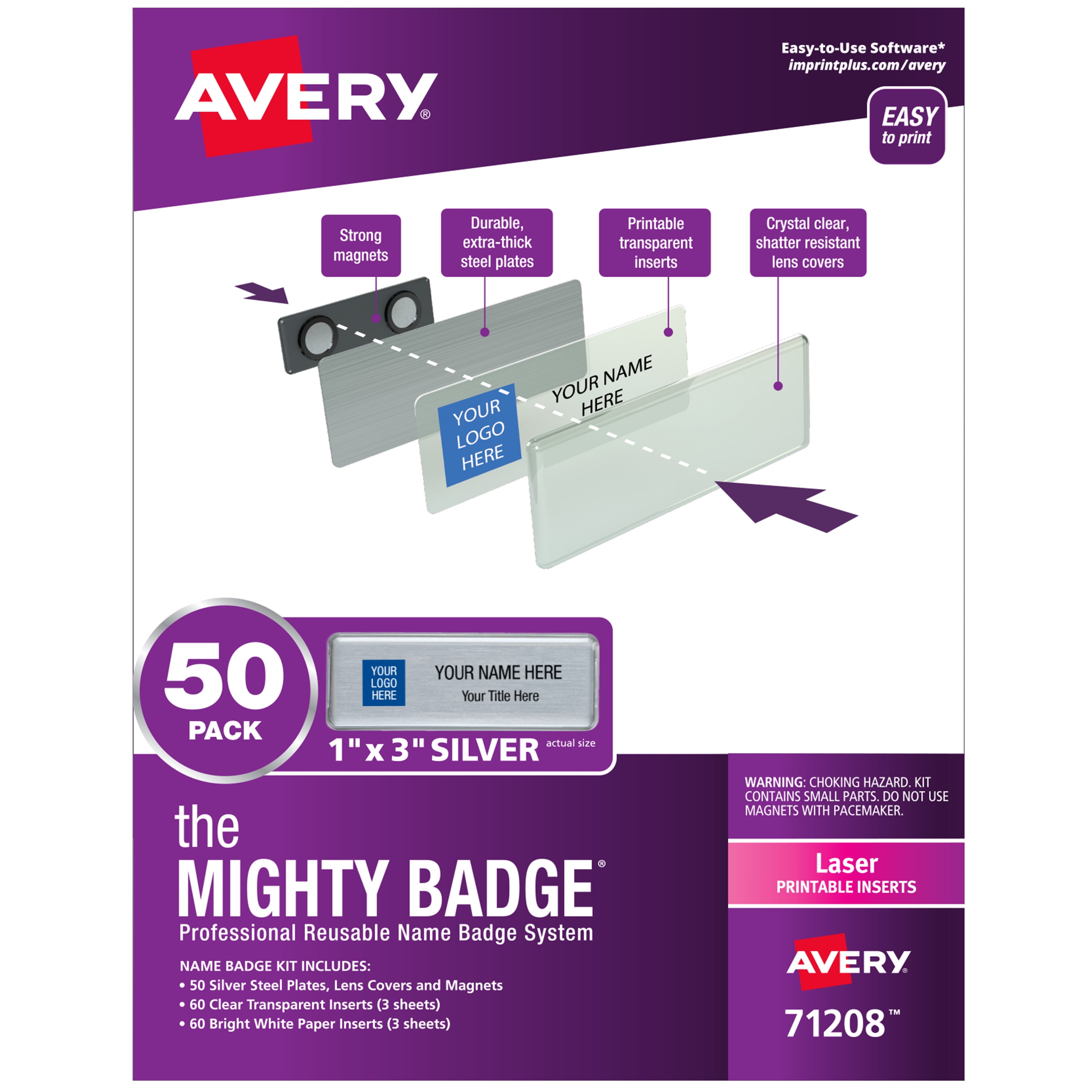 The Mighty Badge, 1"x3" Gold, 80 Reusable Name Tags 120 Laser Inserts