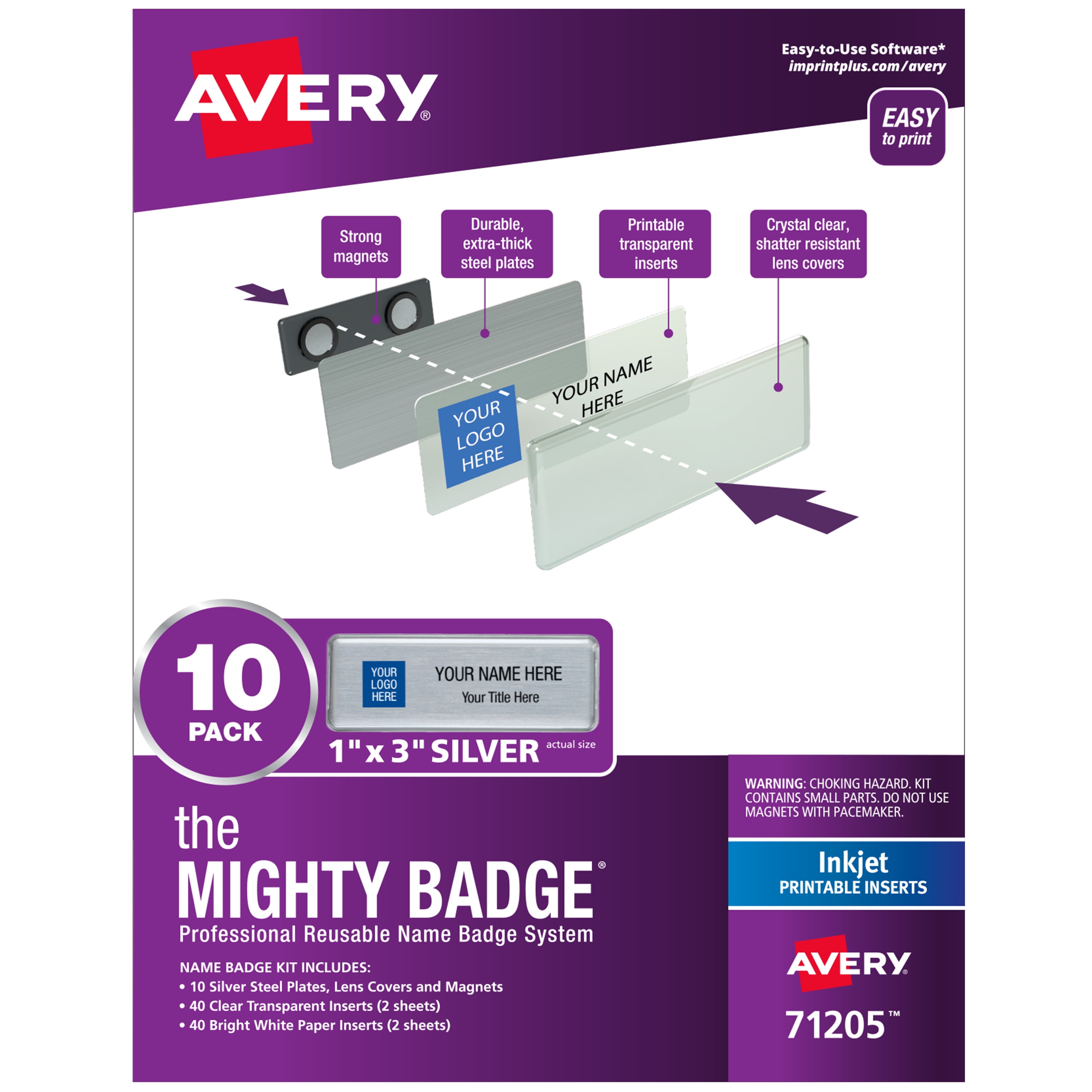 Avery Magnetic Name Badge Kit, 1" x 3", Silver, 10 Badges (71205)
