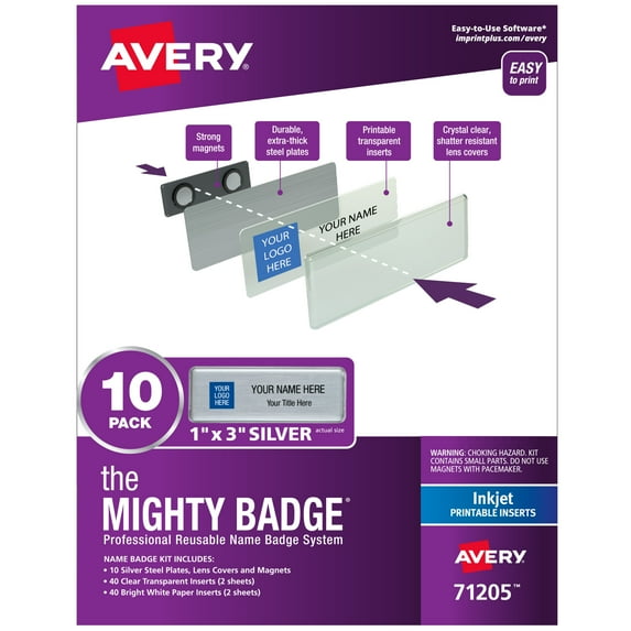 Avery Magnetic Name Badge Kit, 1" x 3", Silver, 10 Badges (71205)