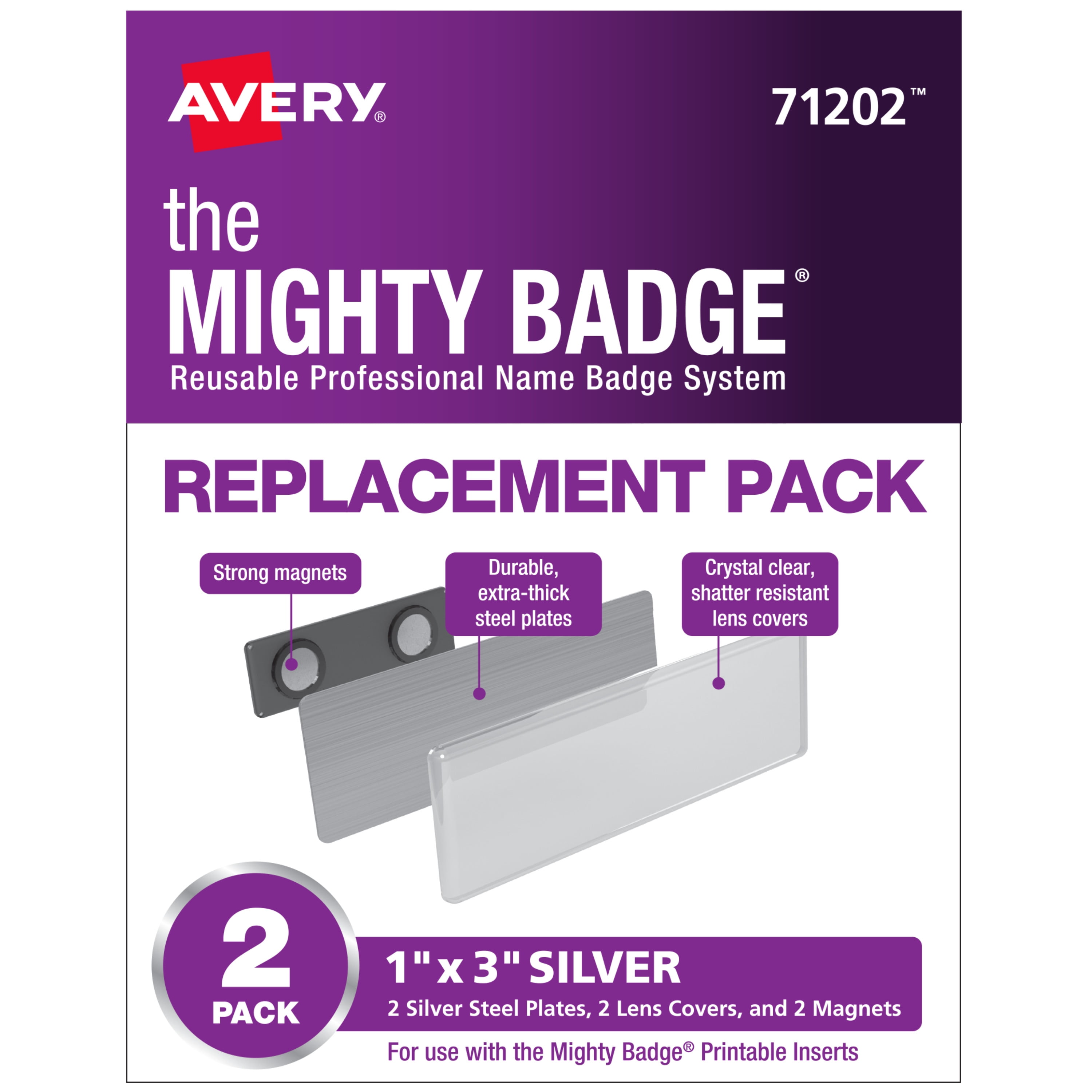 Avery The Mighty Badge Name Badge Holders, Horizontal, 3 x 1, Silver, 2/Pack