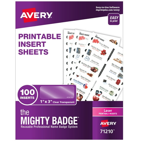 Avery Name Badge Kit Refills, Clear, 100 Printable Inserts (71210)